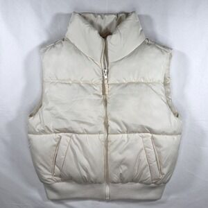 AEROPSTALE Womens Puffer Vest Cream Full Zip Stand Collar Ribbed Hem Size S